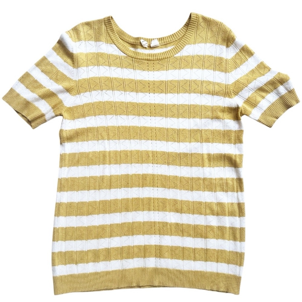Anthropologie Moth Yellow and White Striped Short-Sleeve Sweater Size Medium